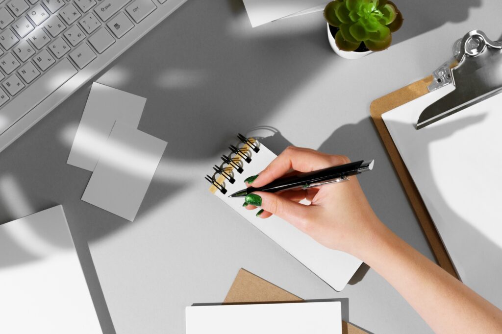 Flat lay composition with blank stationery mock-up
